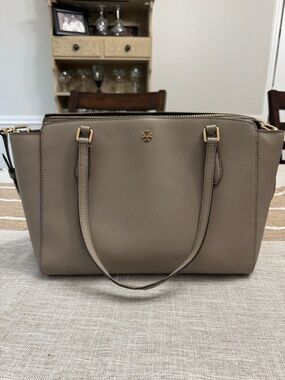 Tory Burch Taupe Saffiano Leather Double-Zip Satchel with Gold Hardware
